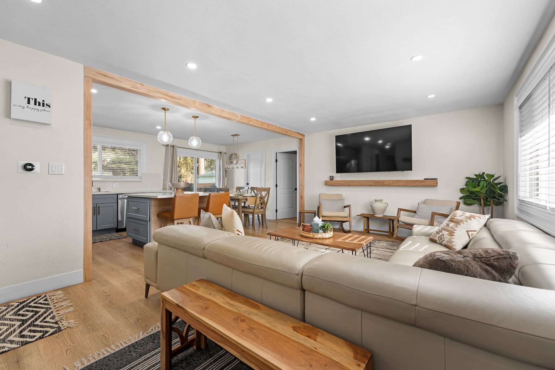 Bright living room and kitchen at the South Lake Tahoe rental